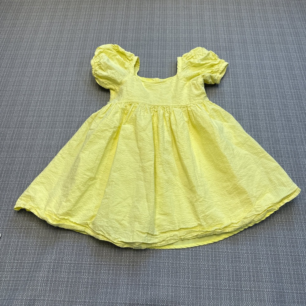 Janie and Jack Yellow Textured Puff Sleeve Dress Girls Size 4 Seersucker